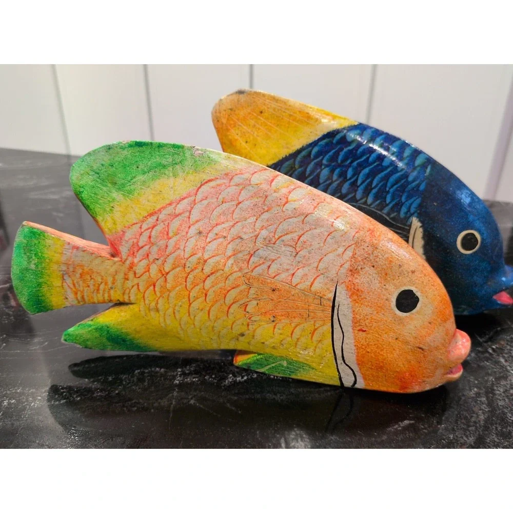 VTG Dominican Republic Hand Carved Wood Fish Figurines Set 2 Tropical Blue 10